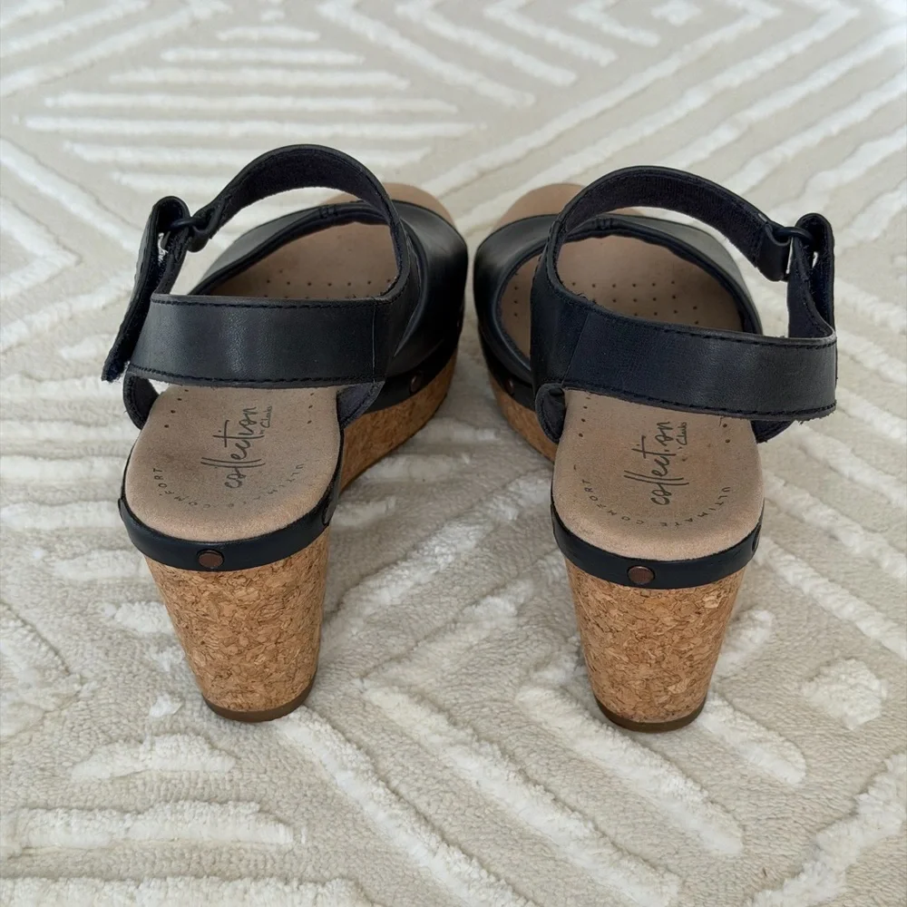 Clarks Annadel Clover Black Wedge Sandals | Size 5.5 | Comfortable Cork Heels